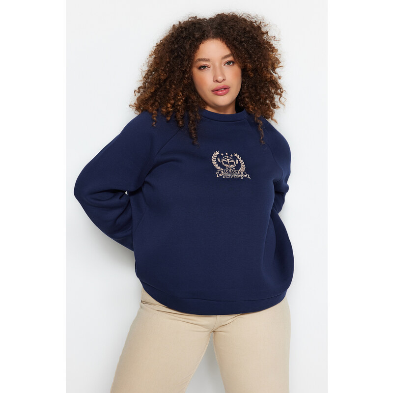 Trendyol Curve Navy Blue Thick Fleece Inside Embroidery Detailed Knitted Sweatshirt