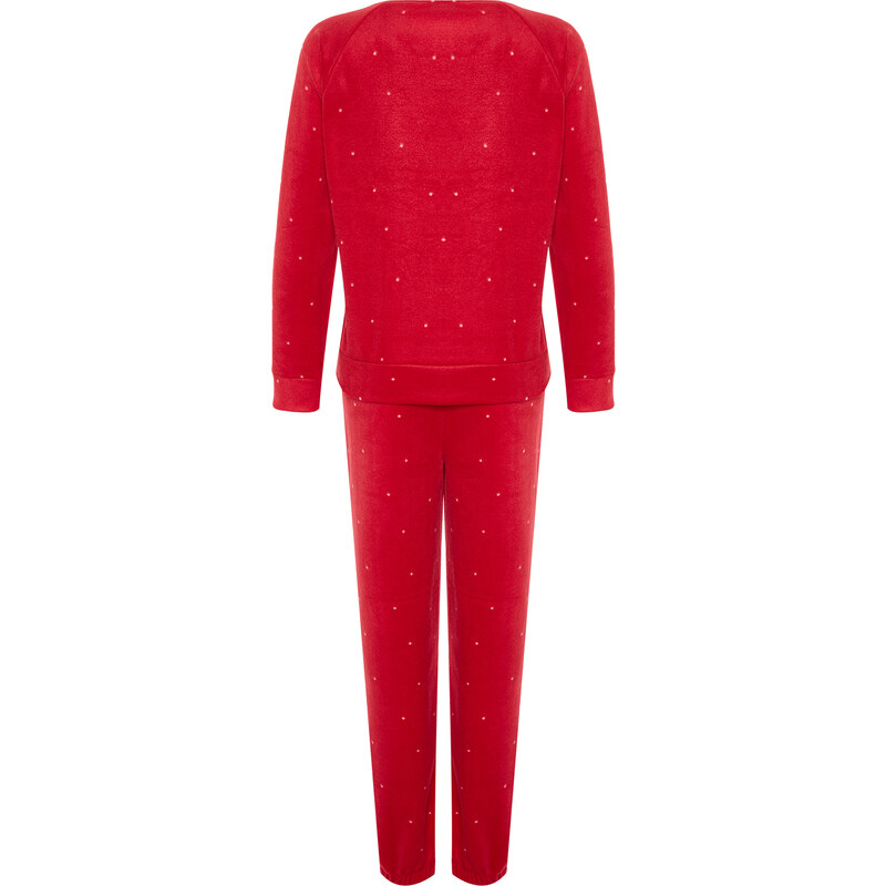 Trendyol Red Velvet Knitted Tshirt-Pants Pajamas Set