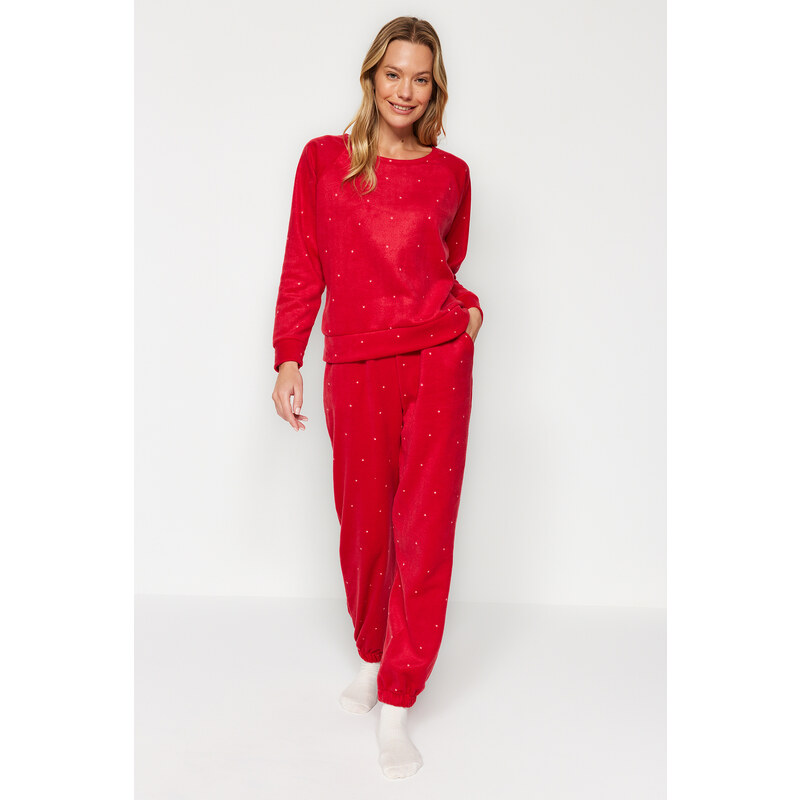 Trendyol Red Velvet Knitted Tshirt-Pants Pajamas Set