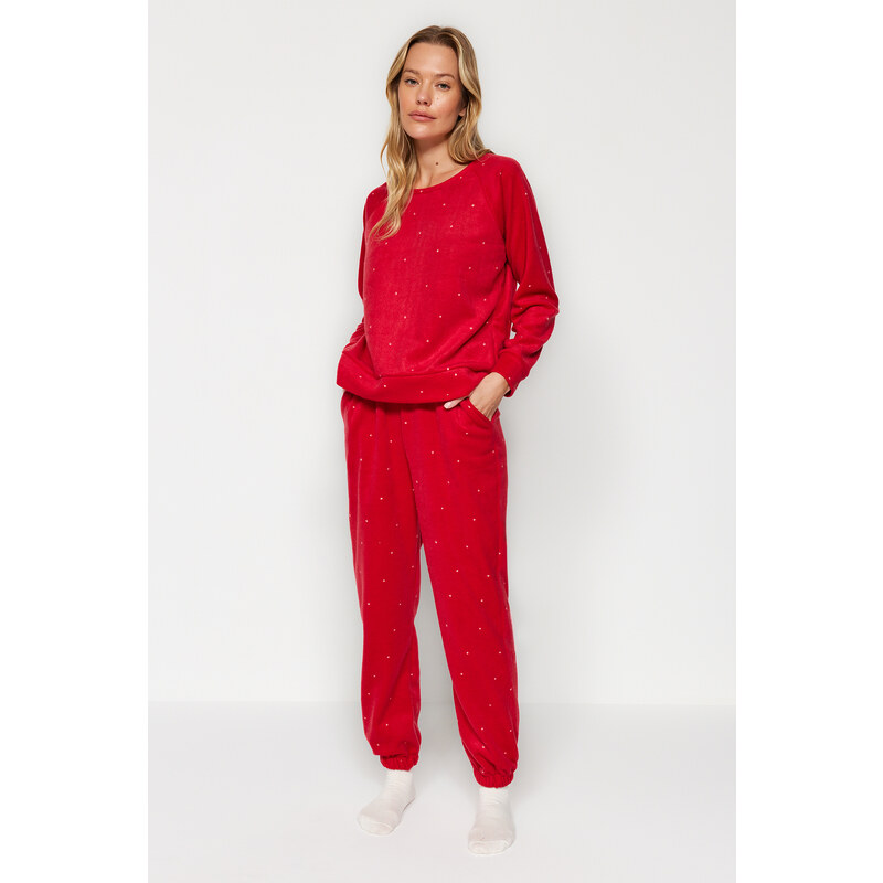 Trendyol Red Velvet Knitted Tshirt-Pants Pajamas Set