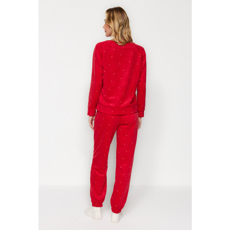 Trendyol Red Velvet Knitted Tshirt-Pants Pajamas Set