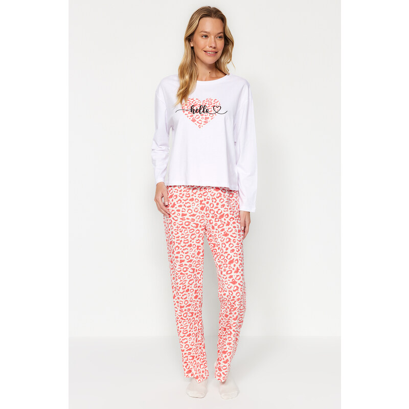 Trendyol Powder 100% Cotton Leopard Print T-shirt-Pants and Knitted Pajamas Set