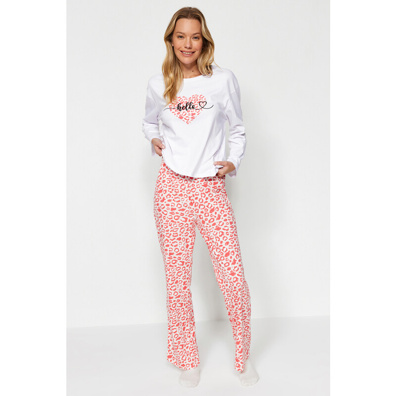 Trendyol Powder 100% Cotton Leopard Print T-shirt-Pants and Knitted Pajamas Set