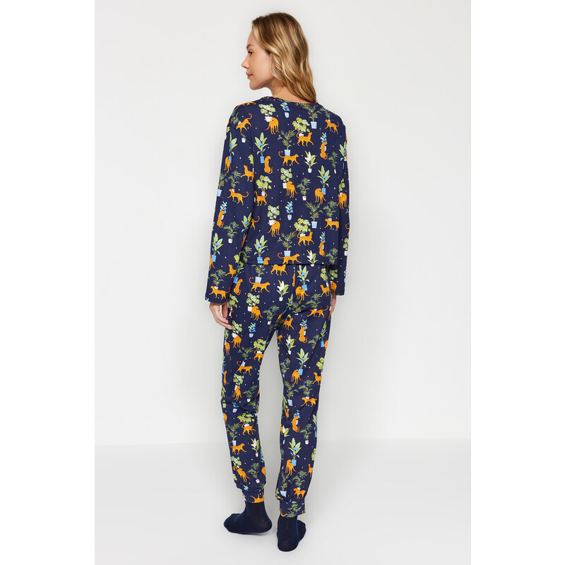 Trendyol Indigo 100% Cotton Tshirt-Jogger Knitted Pajamas Set