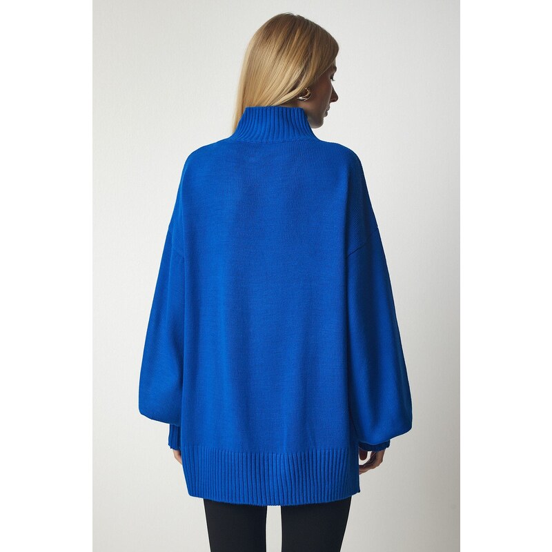 Happiness İstanbul Women's Blue High Neck Oversize Basic Knitwear Sweater