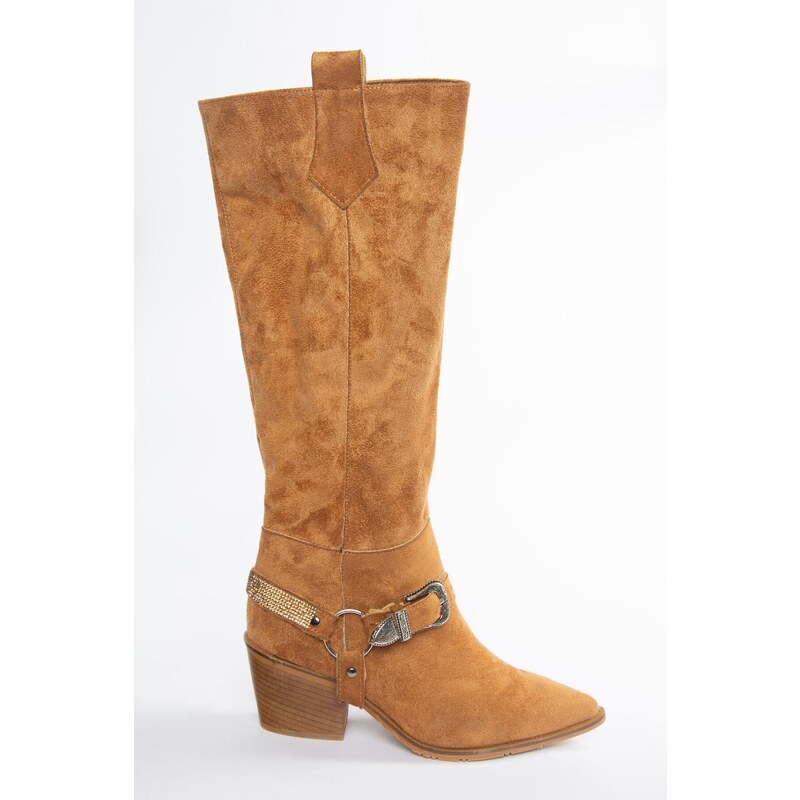 Fox Shoes Tan Suede Low Heeled Cowboy Model Boots