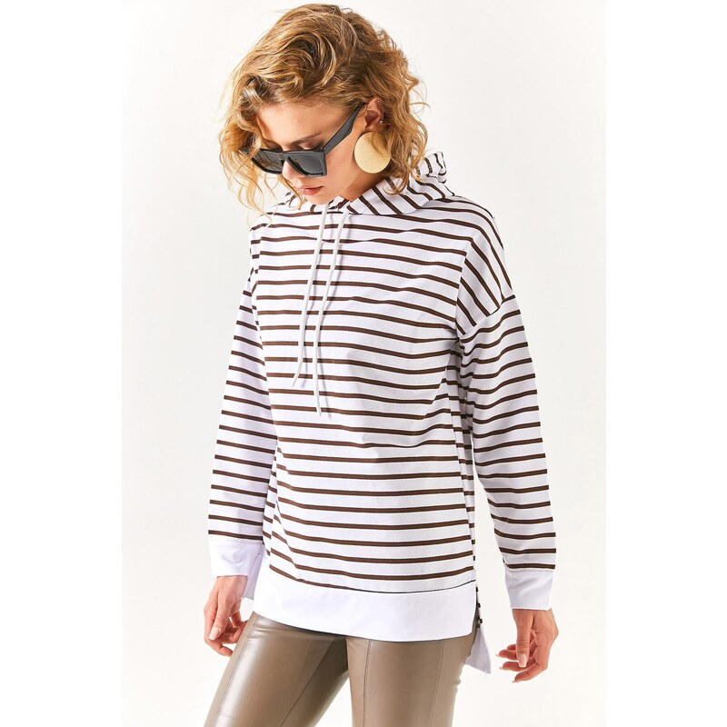 Olalook Women's Bitter Brown White Hooded Striped Sweatshirt with Side Slits