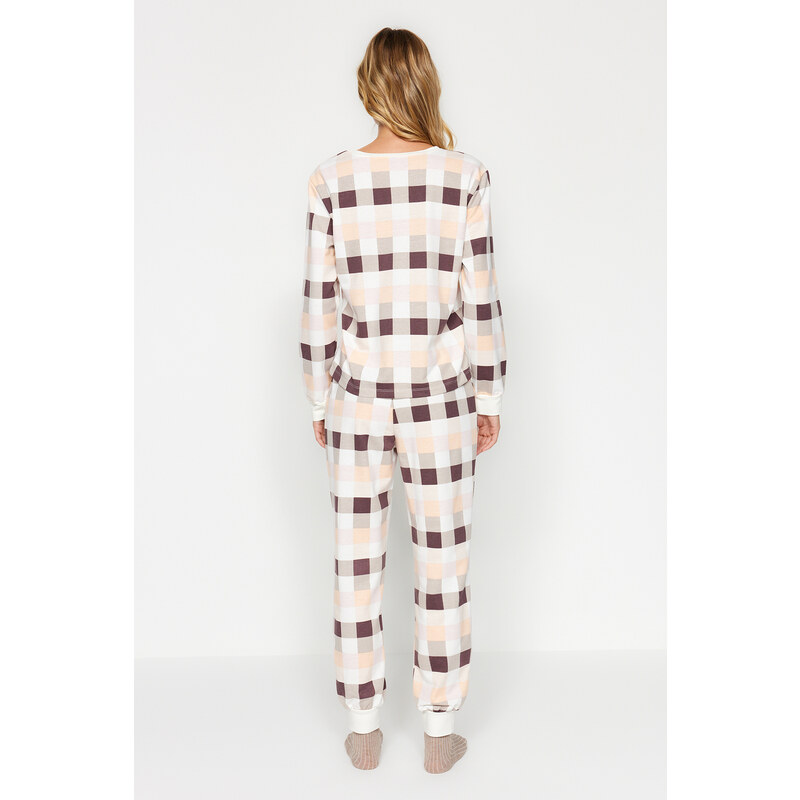 Trendyol Multicolored Cotton Plaid Tshirt-Jogger Knitted Pajama Set