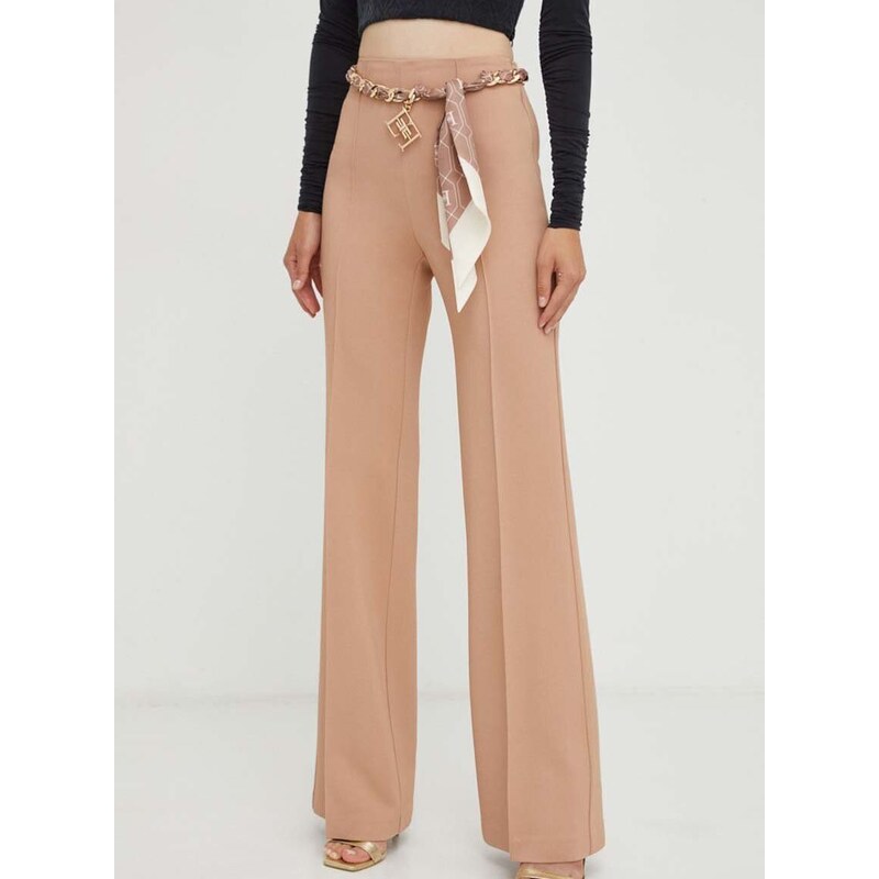 Kalhoty Elisabetta Franchi dámské, béžová barva, jednoduché, high waist
