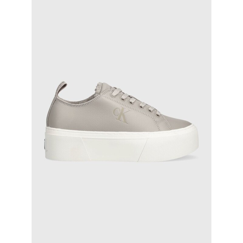 Kožené sneakers boty Calvin Klein Jeans CUPSOLE FLATFORM LOW WL LTH WN šedá barva, YW0YW01107