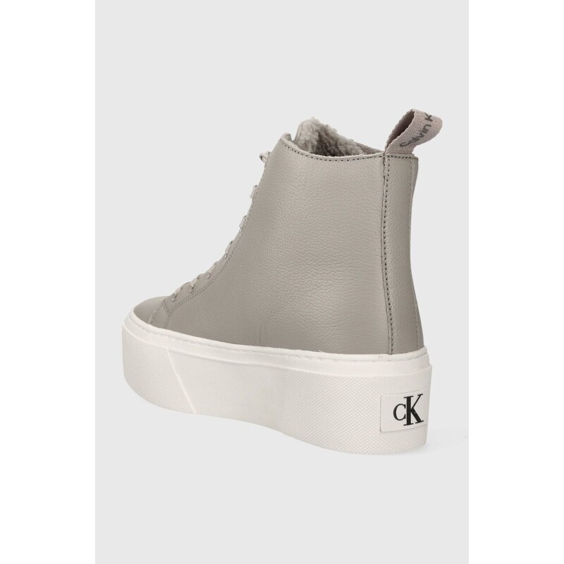 Kožené kecky Calvin Klein Jeans CUPSOLE FLATFORM MID WL LTH WN dámské, šedá barva, YW0YW01180