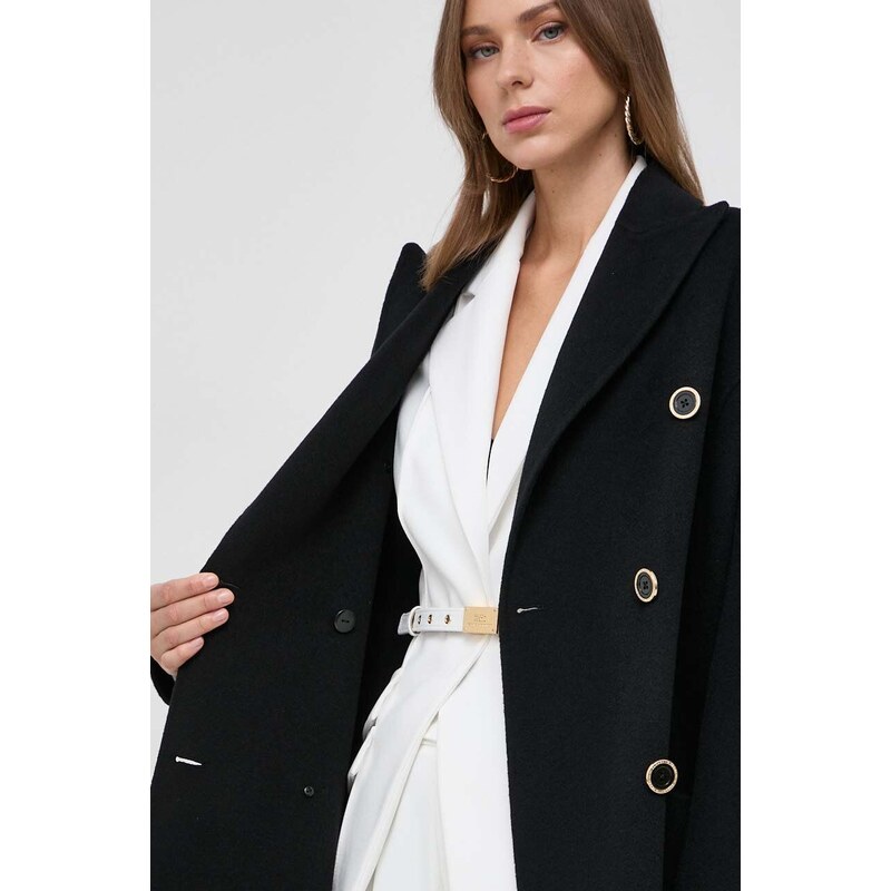 Vlněný kabát Elisabetta Franchi černá barva, přechodný, dvouřadový