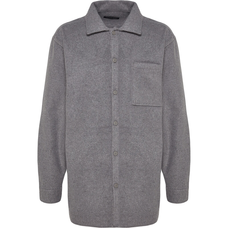 Trendyol Gray Men's Oversize Fit Shirt Collar Stamp Thick Winter Shirt Jacket