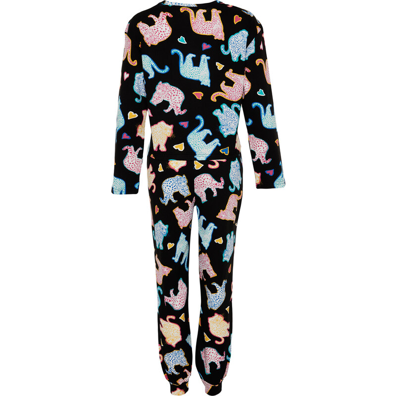 Trendyol Black 100% Cotton Leopard Print Tshirt-Jogger Knitted Pajamas Set