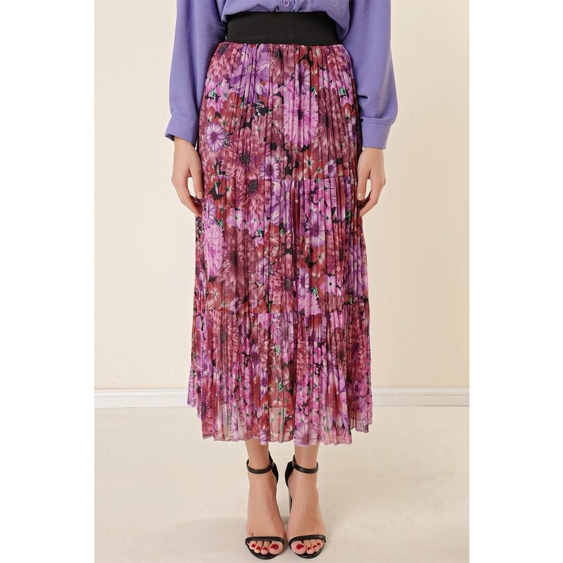 By Saygı Wide Waist, Elastic Lined Chrysanthemum Pattern Tri-Pleat Skirt Purple