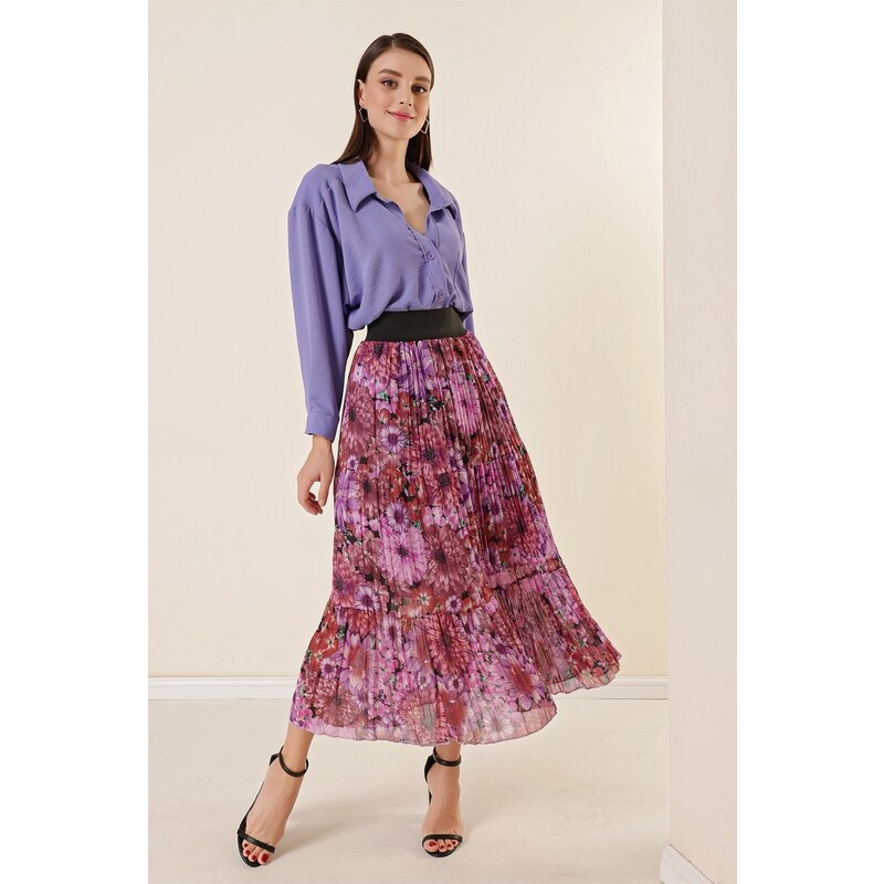 By Saygı Wide Waist, Elastic Lined Chrysanthemum Pattern Tri-Pleat Skirt Purple