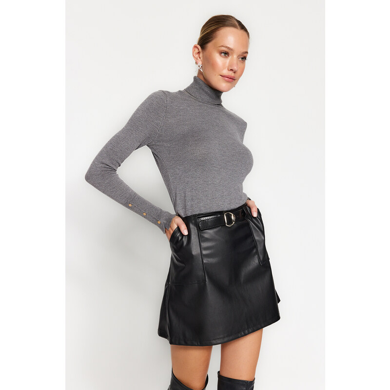 Trendyol Black Belted Faux Leather Mini Length Woven Skirt