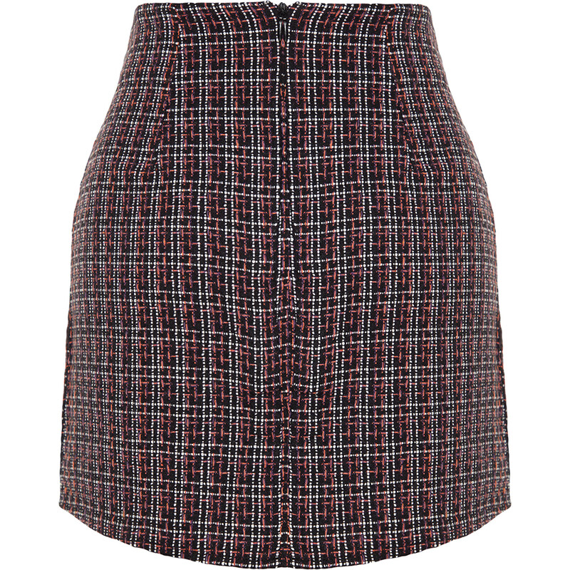 Trendyol Checkered Mini Woven Mini Skirt with Pocket and Button Detail in Brown Tweed