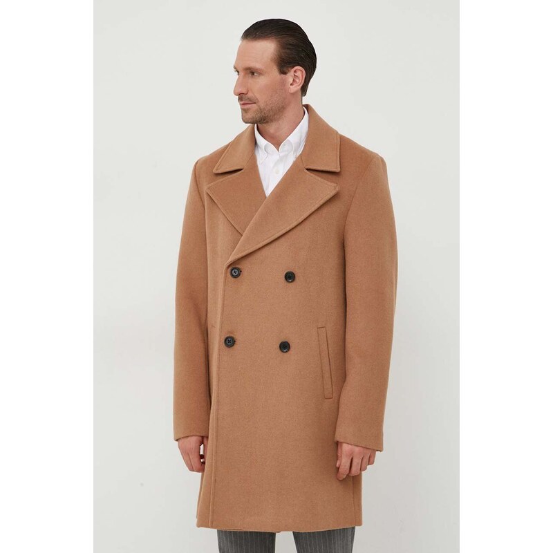 Vlněný kabát Guess hnědá barva, přechodný, dvouřadový