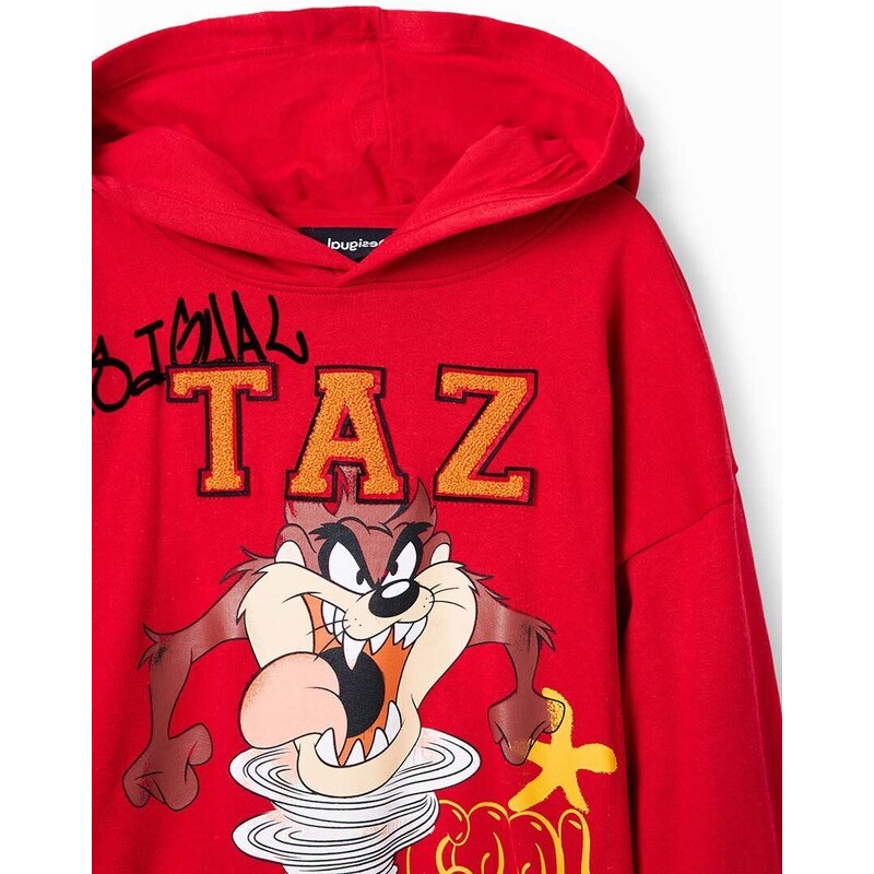 Dětská bavlněná mikina Desigual x Looney Tunes červená barva, s kapucí, s potiskem