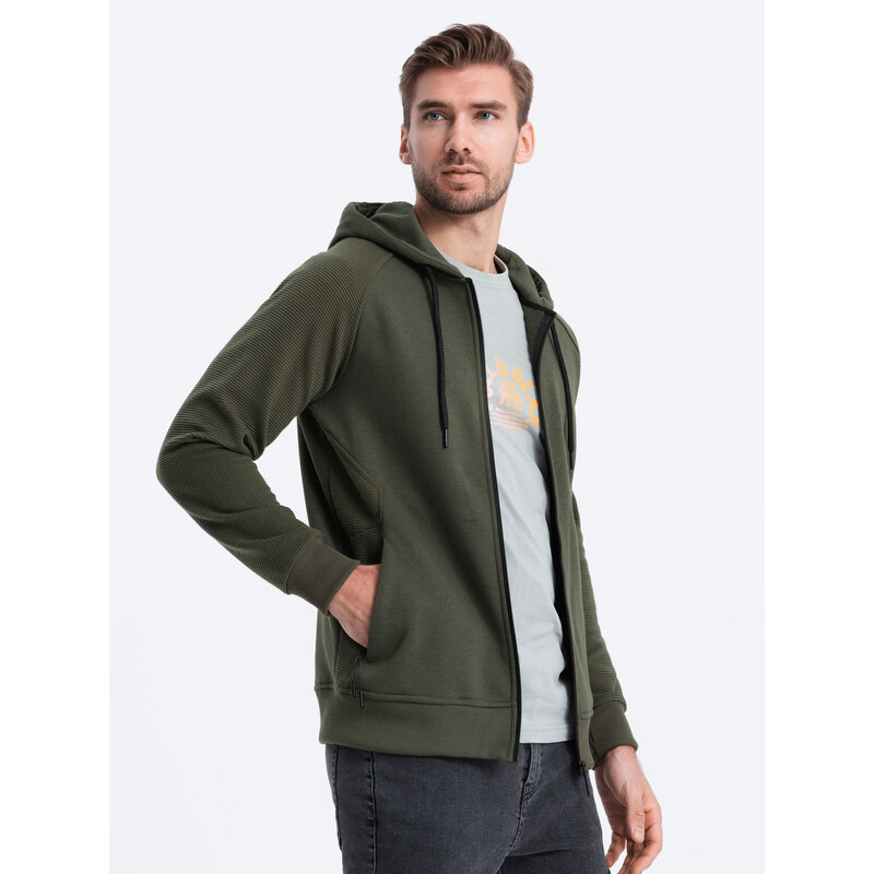 Ombre Clothing Pánská mikina s kapucí na zip - khaki V1 OM-SSZP-0124