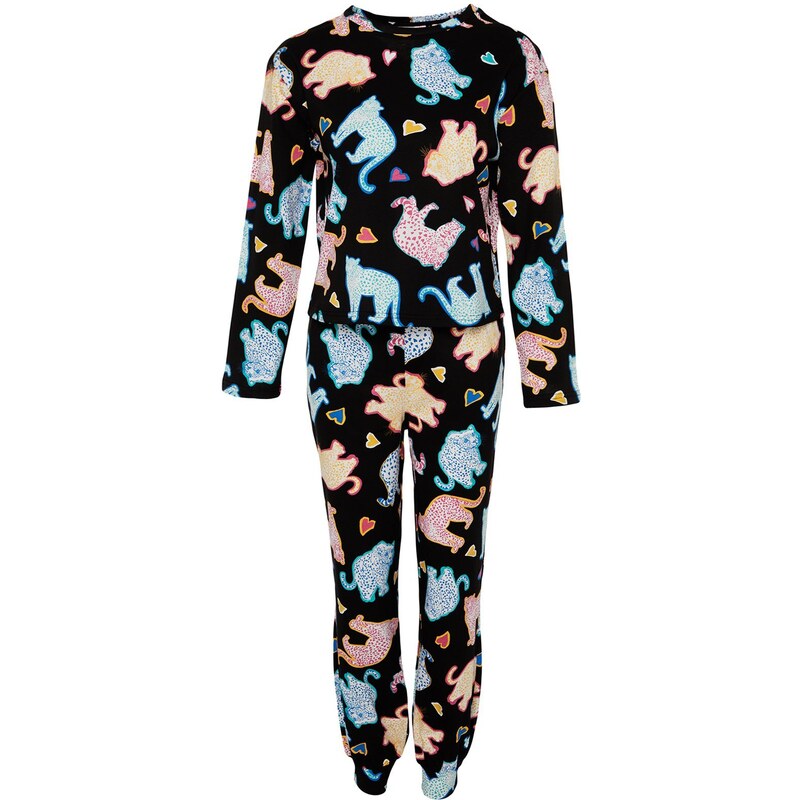 Trendyol Black 100% Cotton Leopard Print Tshirt-Jogger Knitted Pajamas Set