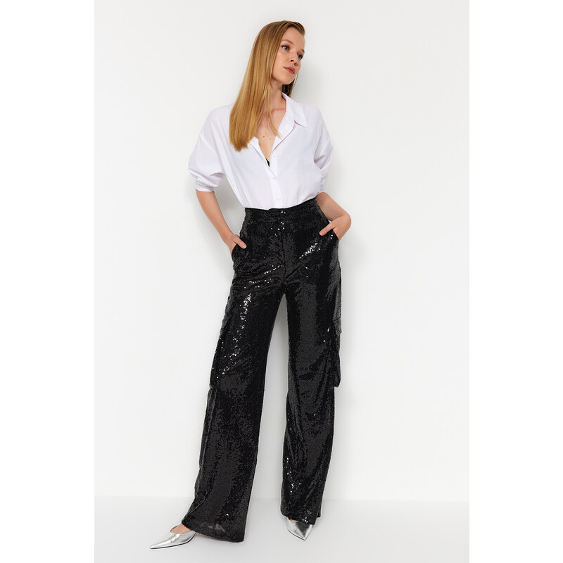 Trendyol Black Cargo Sequin Pants with Pocket