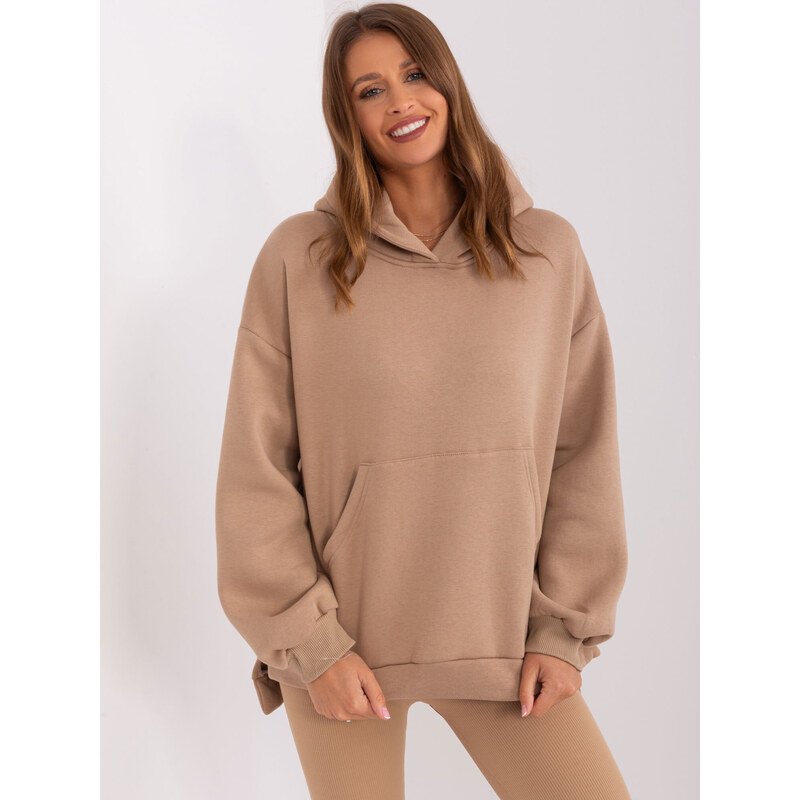 BASIC SVĚTLE HNĚDÁ ZATEPLENÁ OVERSIZE MIKINA S KLOKANÍ KAPSOU -LIGHT BROWN Béžová