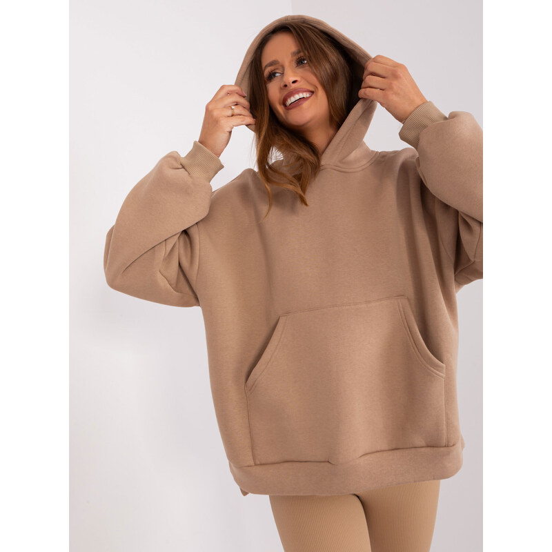 BASIC SVĚTLE HNĚDÁ ZATEPLENÁ OVERSIZE MIKINA S KLOKANÍ KAPSOU -LIGHT BROWN Béžová