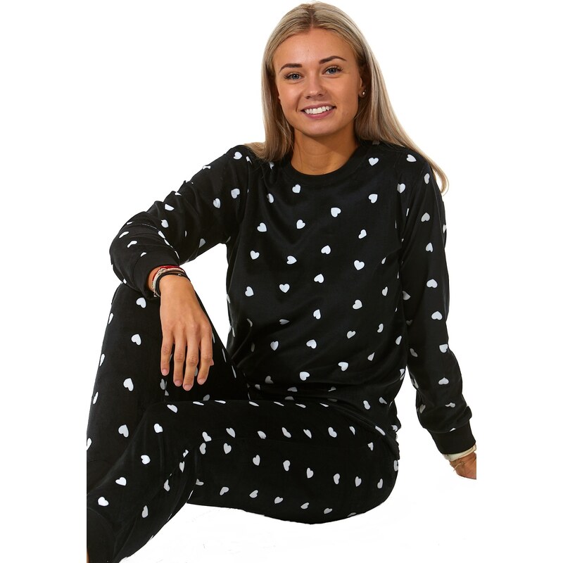 Naspani Černobílé dámské pyžamo z luxusního sametu se srdíčky 1B1815