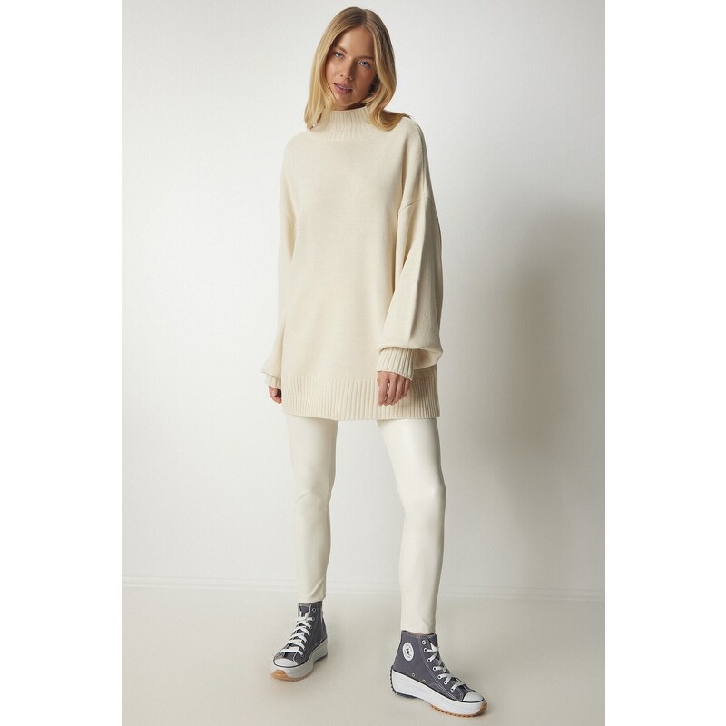 Happiness İstanbul Women's Cream High Neck Oversize Basic Knitwear Sweater