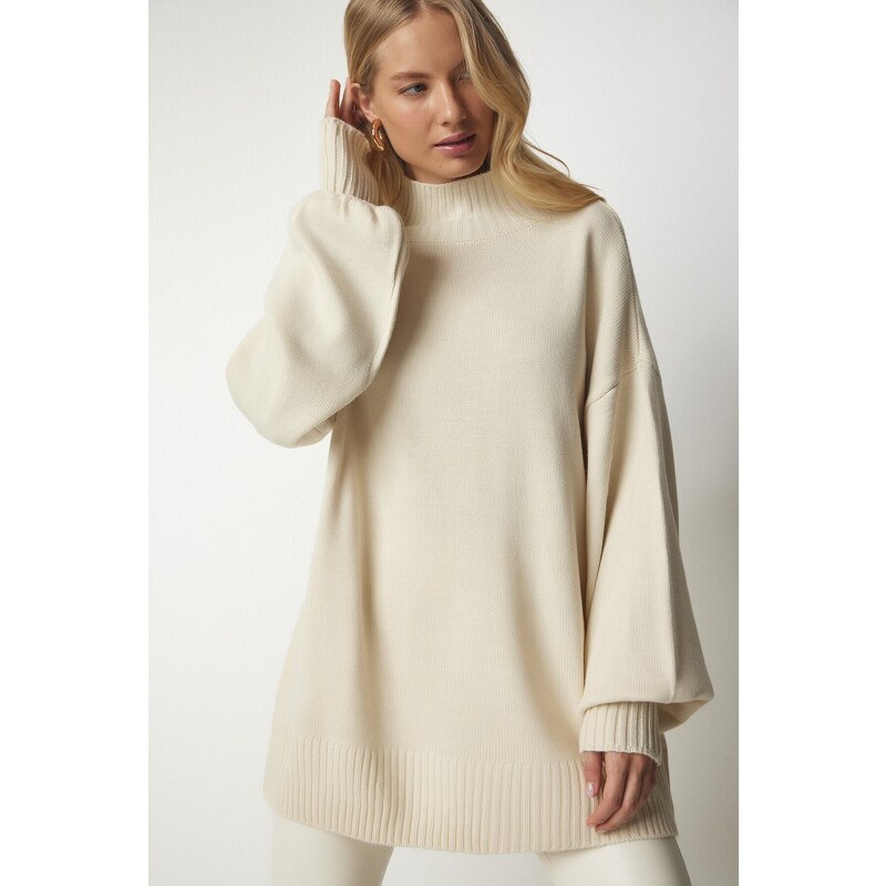 Happiness İstanbul Women's Cream High Neck Oversize Basic Knitwear Sweater