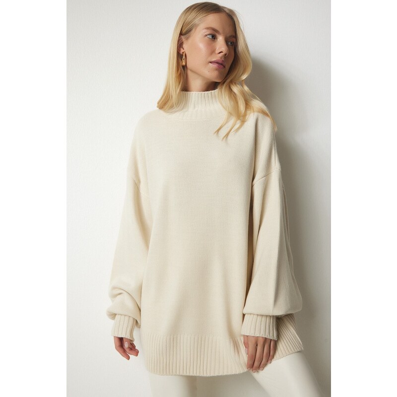 Happiness İstanbul Women's Cream High Neck Oversize Basic Knitwear Sweater