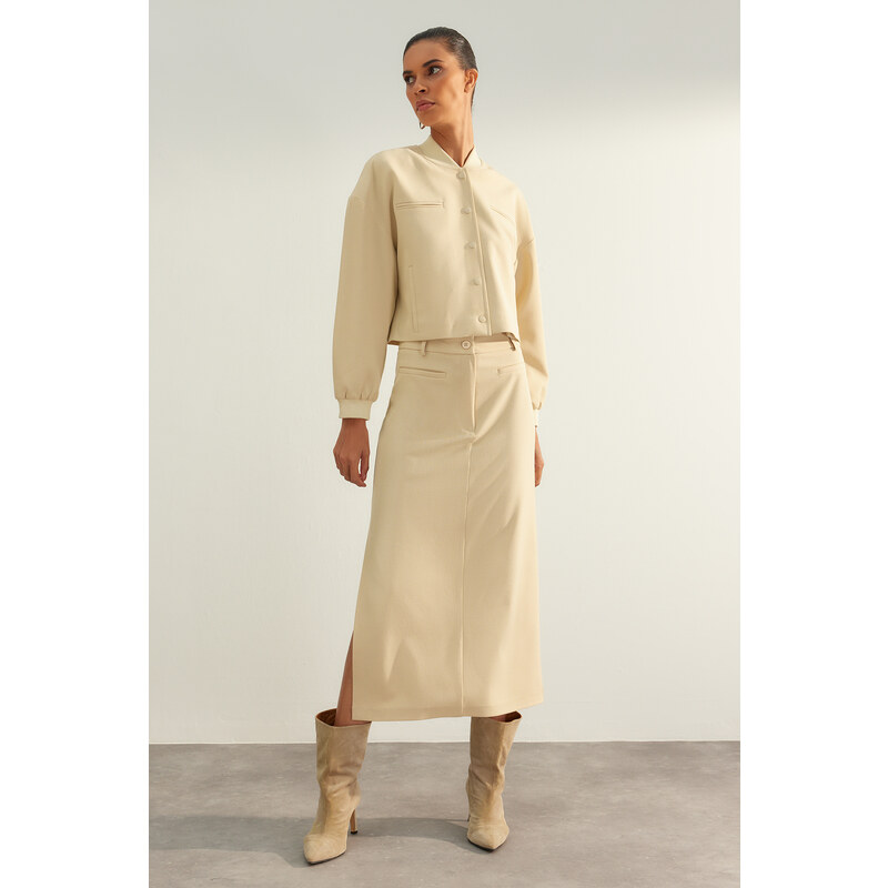 Trendyol Beige Limited Edition High Quality Faux Leather Slit Detailed Midi Woven Skirt