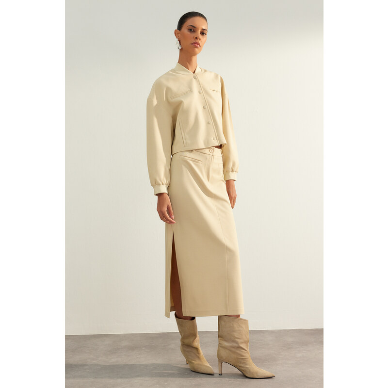 Trendyol Beige Limited Edition High Quality Faux Leather Slit Detailed Midi Woven Skirt