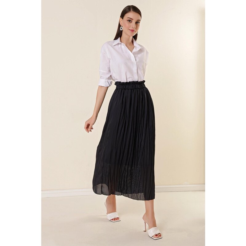 By Saygı Elastic Waist Lined Slim Satin Striped Skirt