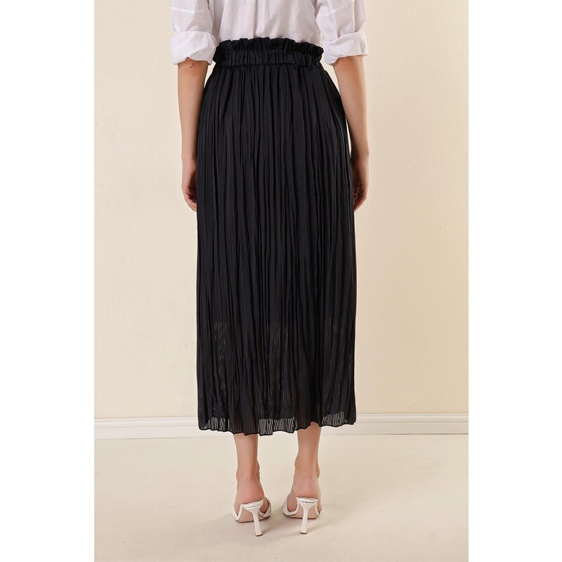 By Saygı Elastic Waist Lined Slim Satin Striped Skirt