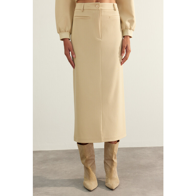 Trendyol Beige Limited Edition High Quality Faux Leather Slit Detailed Midi Woven Skirt