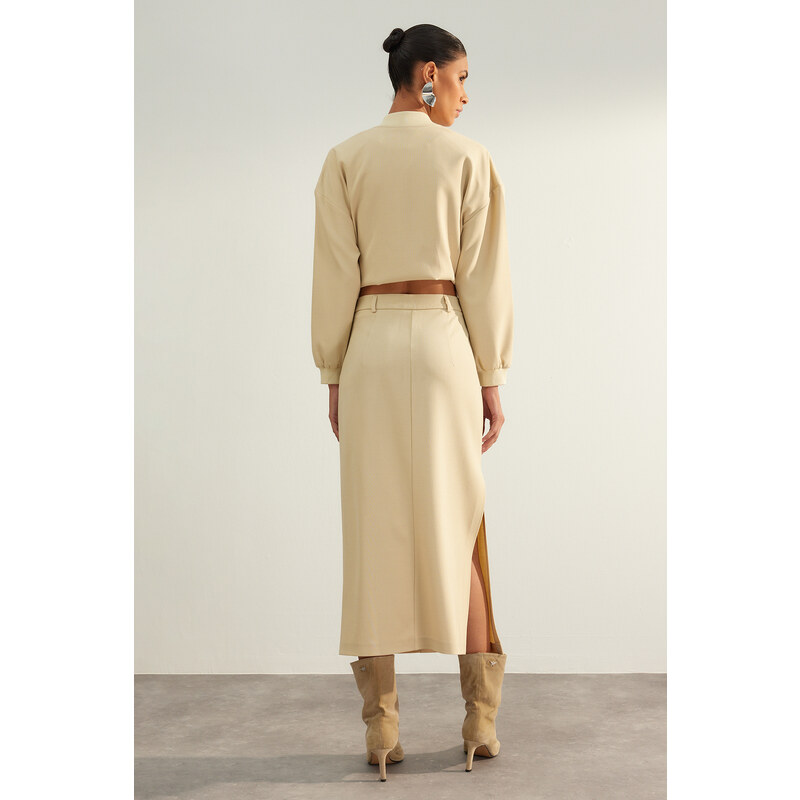Trendyol Beige Limited Edition High Quality Faux Leather Slit Detailed Midi Woven Skirt