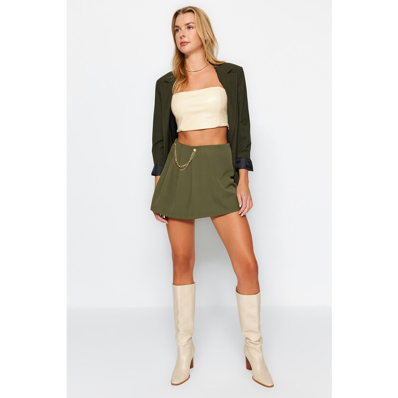 Trendyol Dark Khaki Chain and Pleat Detailed Woven Shorts Skirt