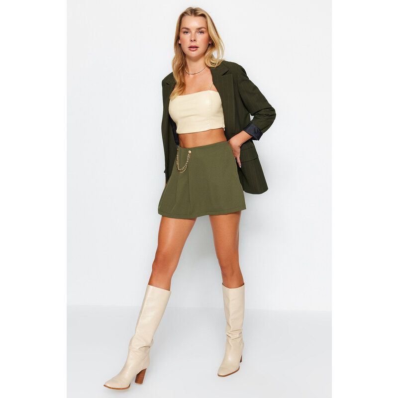 Trendyol Dark Khaki Chain and Pleat Detailed Woven Shorts Skirt