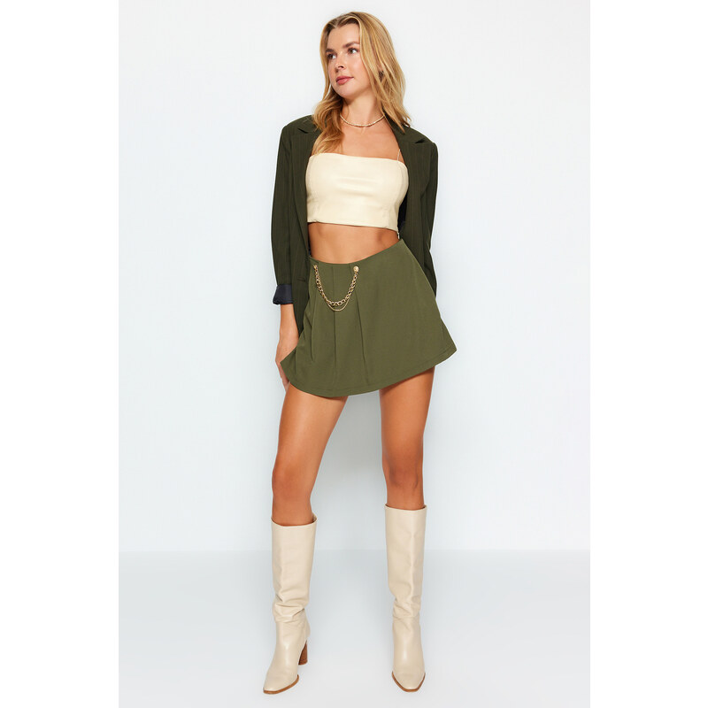 Trendyol Dark Khaki Chain and Pleat Detailed Woven Shorts Skirt