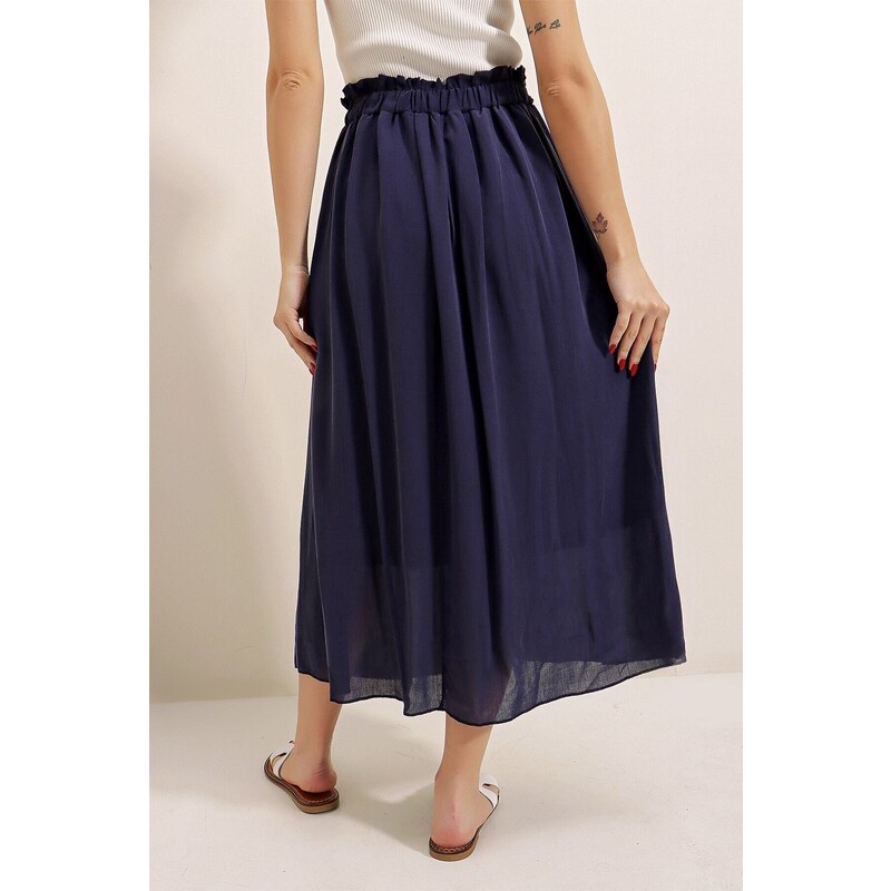 By Saygı Belted Waist and Lined Crepe Skirt Navy Blue