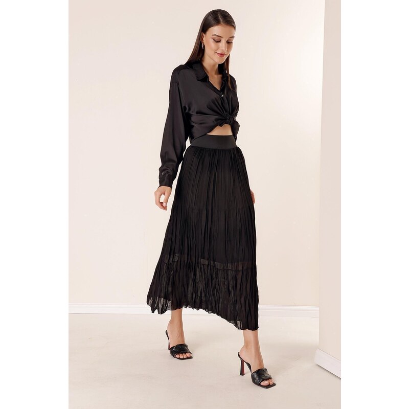 By Saygı Thick Elastic Waist 3 Layer Lined Chiffon Long Skirt