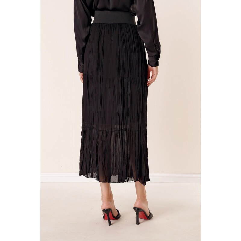 By Saygı Thick Elastic Waist 3 Layer Lined Chiffon Long Skirt