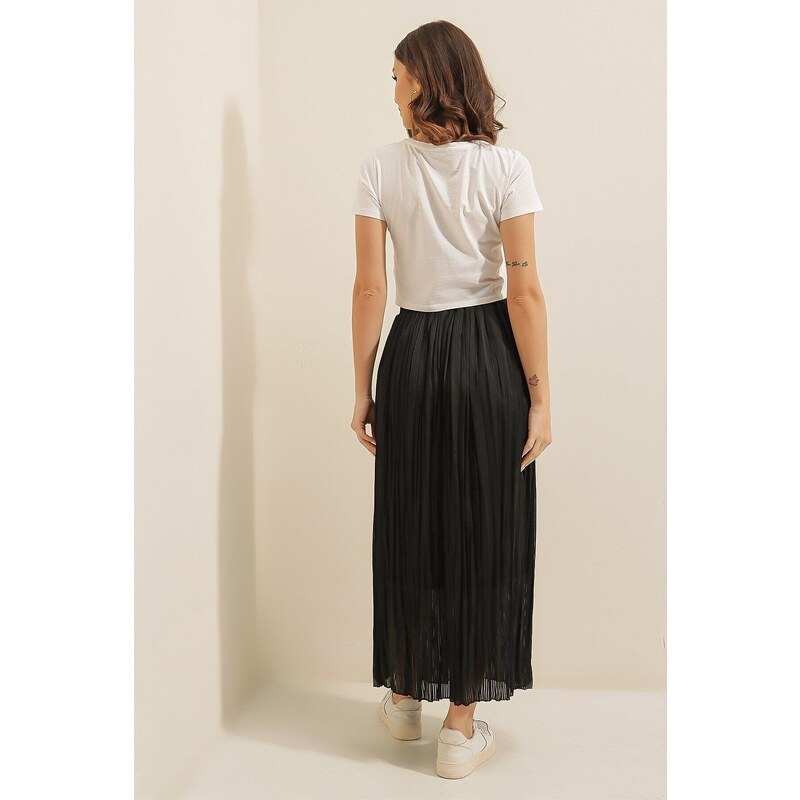 By Saygı Elastic Waist Lined Slim Satin Striped Skirt