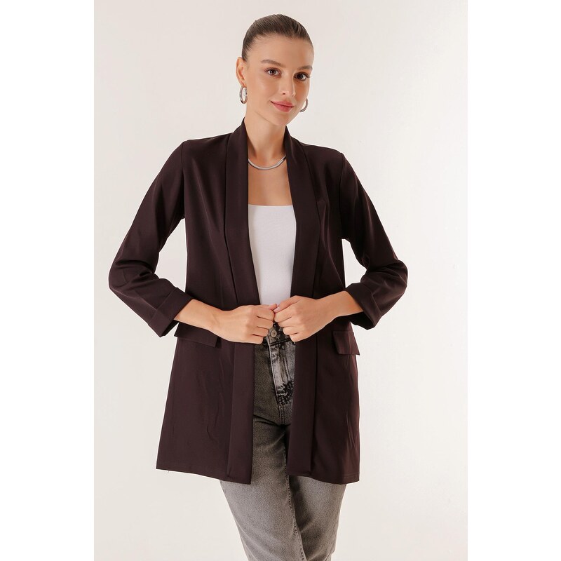 By Saygı Lycra Long Jacket with Fake Pockets, Shawl Collar