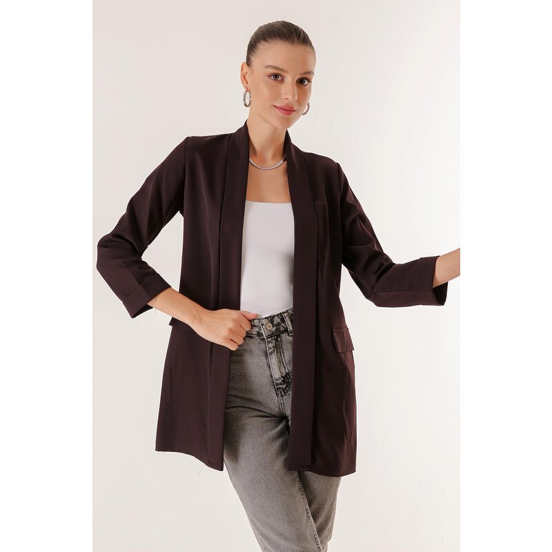 By Saygı Lycra Long Jacket with Fake Pockets, Shawl Collar