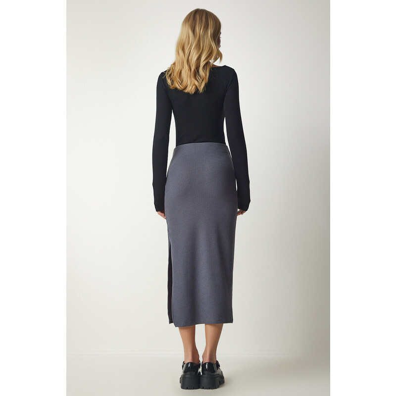 Happiness İstanbul Women's Dark Gray Slotted Corduroy Knitted Pencil Skirt