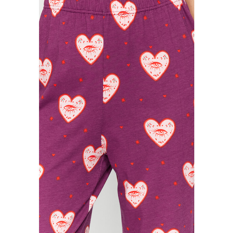 Trendyol Fialová 100% bavlna Srdce vzor pletené pyžamové kalhoty